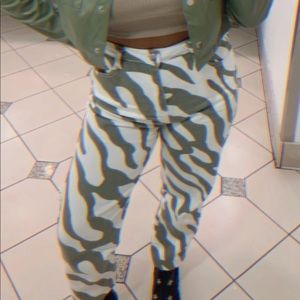 white and green zebra jeans